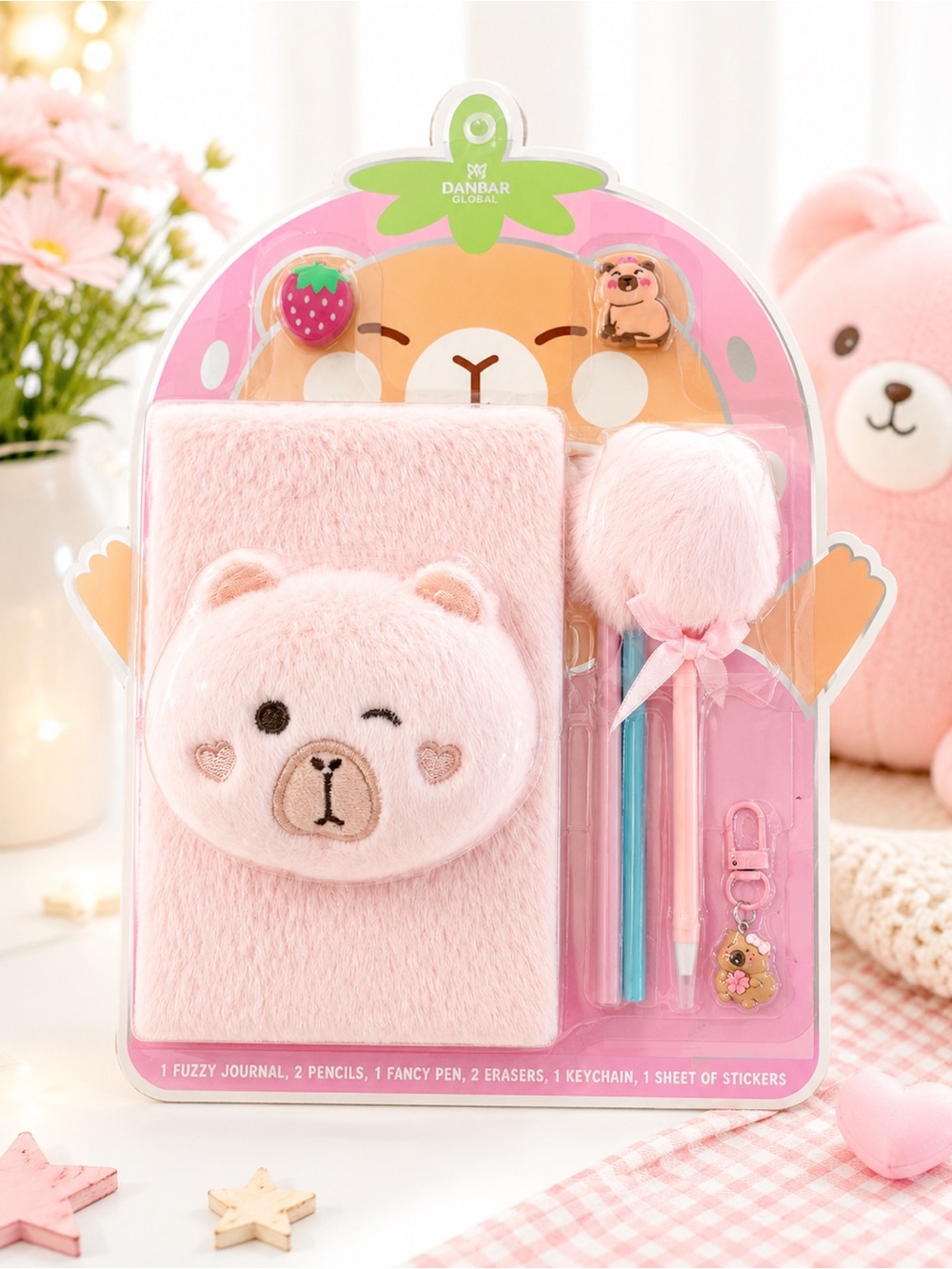 Cute Fuzzy Bear Journal Stationery Set Plush Notebook Pen Gift Pink Kawaii